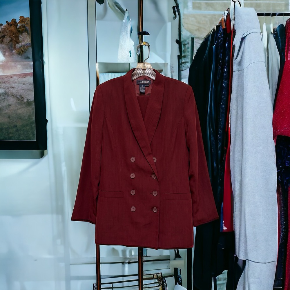 J. G. Hook Long Sleeve Shawl Collar Double Breasted Pantsuit W Size 10 Maroon
